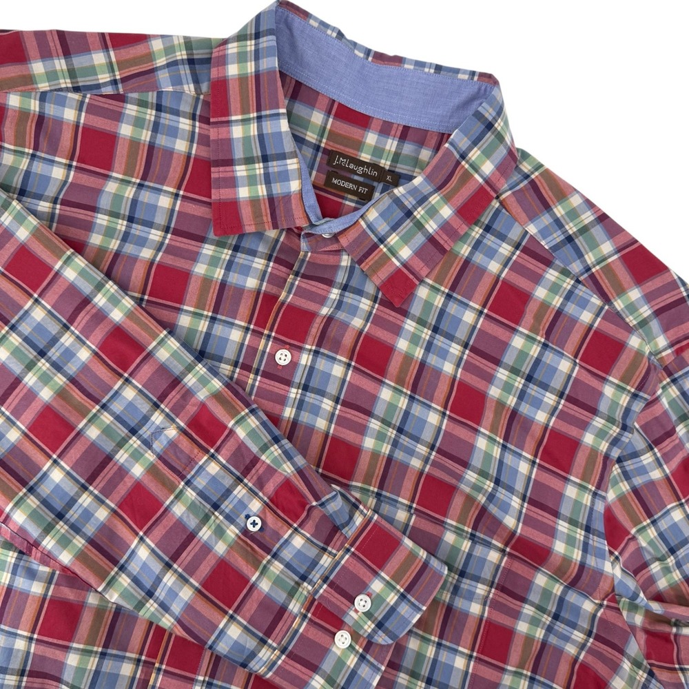 J McLaughlin Mens XL Modern Fit Plaid Button Down Shirt Red Blue‎ Long Sleeve